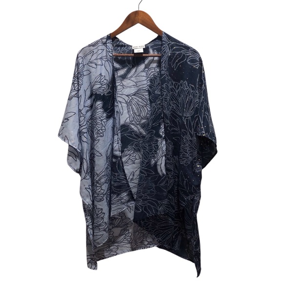 Anne Klein Blue Floral Sheer Draped Kimono Cardigan Gold Dots OSFM - Picture 1 of 4